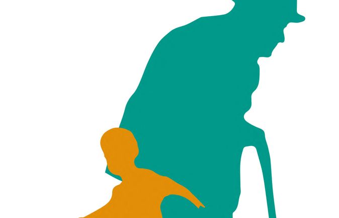 Orangefarbene Silhouette eines Kindes vor türkisgrüner Silhouette eines älteren Mannes mit Gehstock